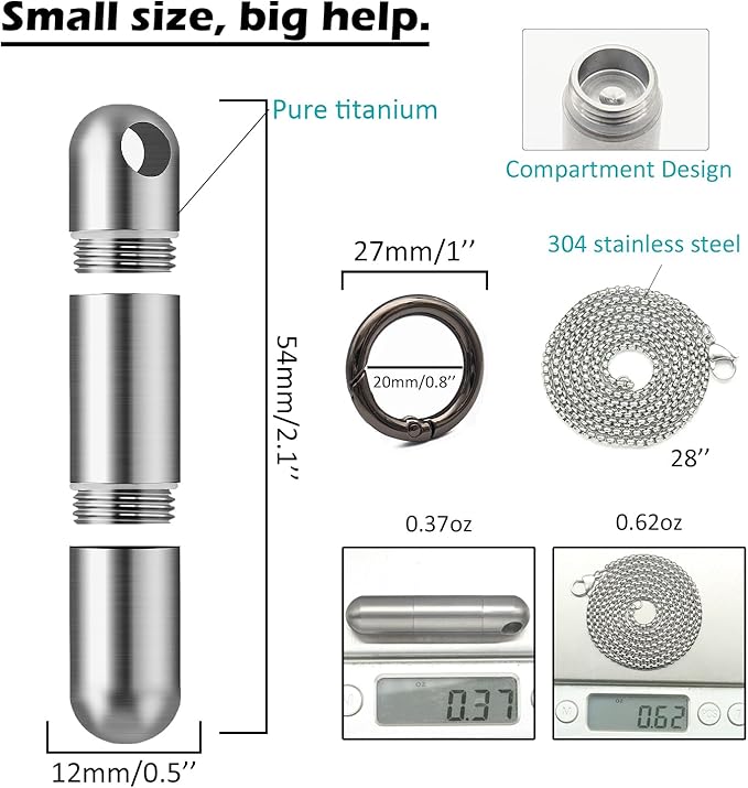 Extended Small Pill Box Necklace Black Titanium Mini Pill Case with Necklace Chain Tiny Pill Case for Men Waterproof Pill Holder Emergency Aspirin & Nitro Pill Container