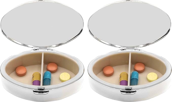Set of 2 Oval-Shaped Pocket Purse Pill Box & Organizer with Dual Compartments (Silver Waves)