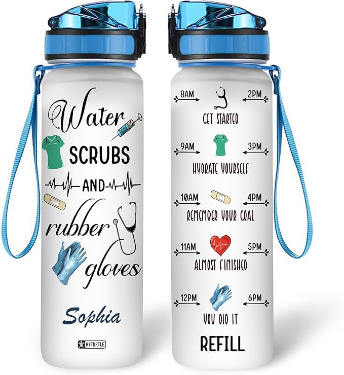 Hyturtle Personalized Water Scrubs Rubber Gloves Nurse 32oz Liter Motivational Water Bottle, Customized Name Funny Nurse With Time Marker, Gifts For Nurses Women Coworkers On Birthday