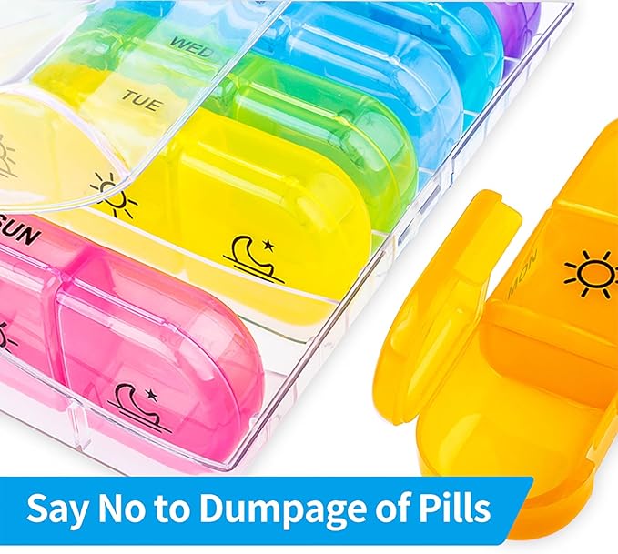 ZIKEE Weekly Pill Organizer 3 Times a Day, Compact Pill Box 7 Day with Roomy Pill Case and Sturdy Design for Managing Your Vitamins, Fish Oils, Supplements and Medications