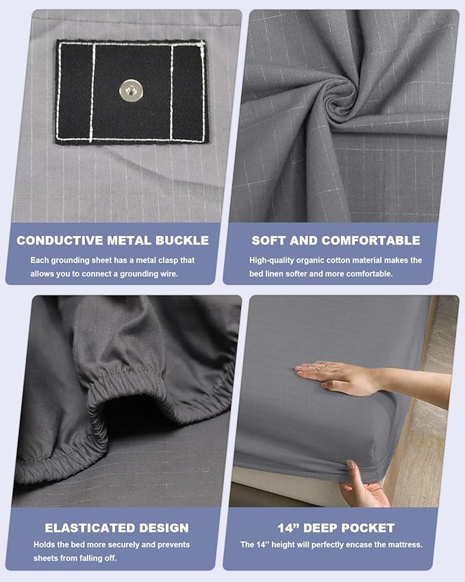 Grounding Sheets King Size (76x80x14in), 90% Organic Cotton + 10% Silver Fiber, Grounding Sheet for Bed, Fitted Grounded Sheet for Improved Sleep, Earth Sheets with 15FT Cord Gray