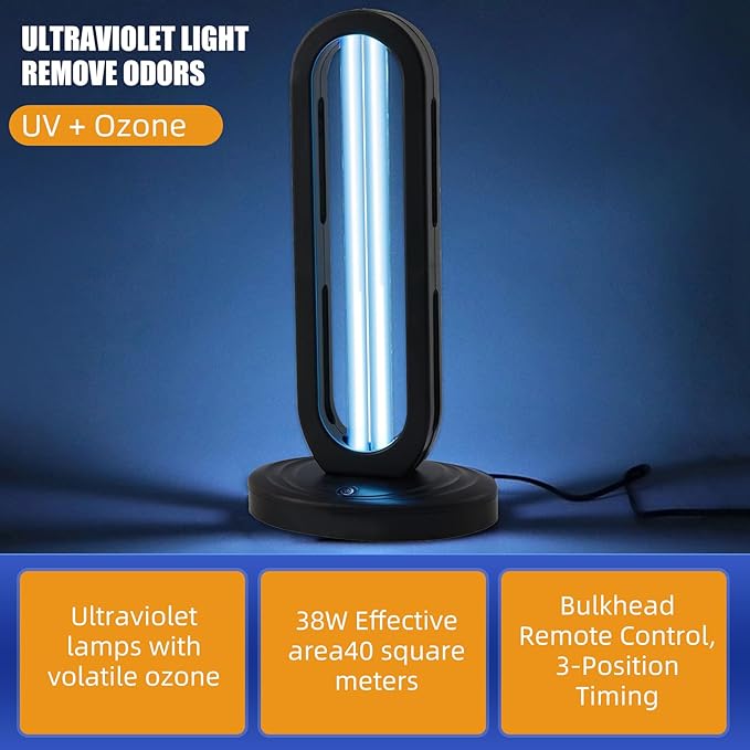 Ultraviolet Germicidal Lamp 110V, 38W Ozone UV Light Sanitizer for Whole Room, Three-Step Timing Remote Control, Blue Light for Home/Office/School