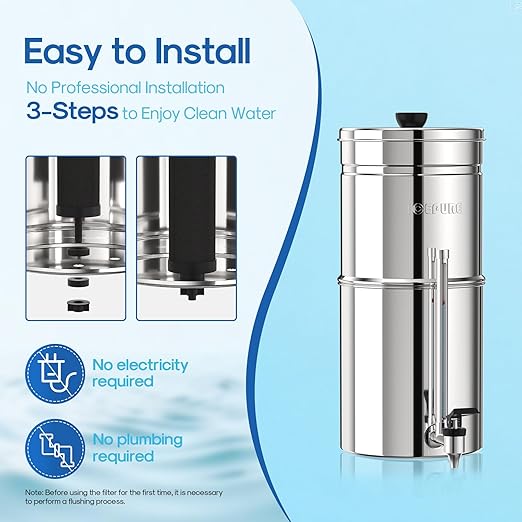 ICEPURE 2.25G Gravity-fed Water Filter System with Sight Glass Spigot, 304 Stainless Steel Countertop System, 2 Black Carbon Filters, Reduce 99% Chlorine, Lead for Home, Camping, Emergencies