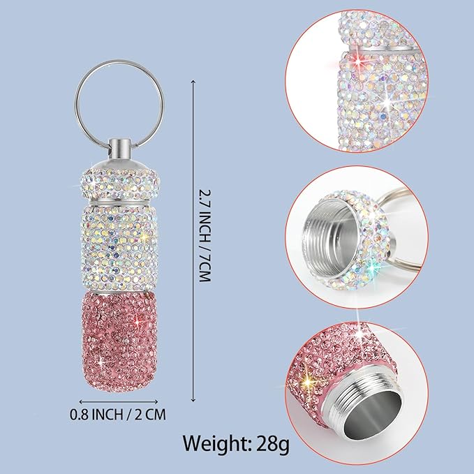 Bling Pill Case Portable Travel Pill Container Bottle Rhinestone Waterproof Small Pill Holder with Keychain Cute Mini Pill Storage Box for Outdoor Camping Case (AB-Pink)