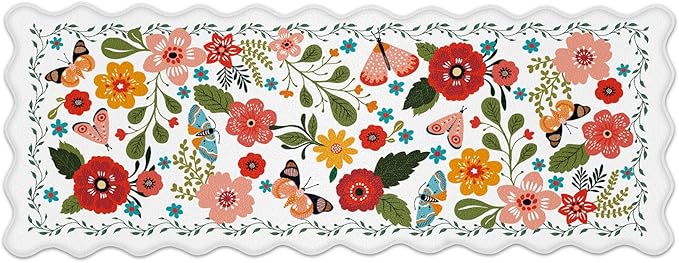 Scalloped Kitchen Mats for Floor Cushioned Anti Fatigue Kitchen Mats Rugs Waterproof Non Slip Farmhouse Boho Floral Comfort Foam Standing Mat for Sink Laundry, White, 17.3x47