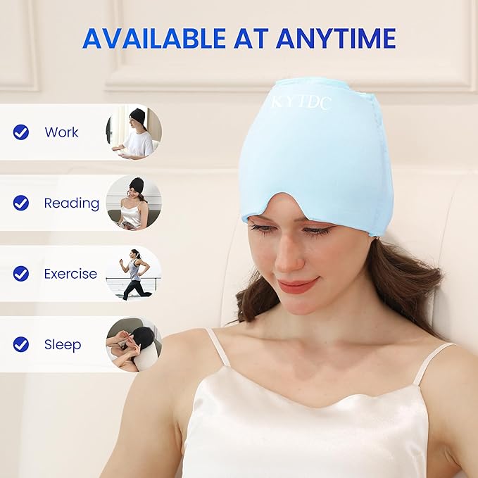 Migraine Relief Cap Gel Ice Head Wrap - Hot & Cold Therapy Soothing Headache Hat Ice Pack Mask, Headache Relief Wrap for Tension, Stress, Hangover&Puffy Eyes(Blue, 1PC)