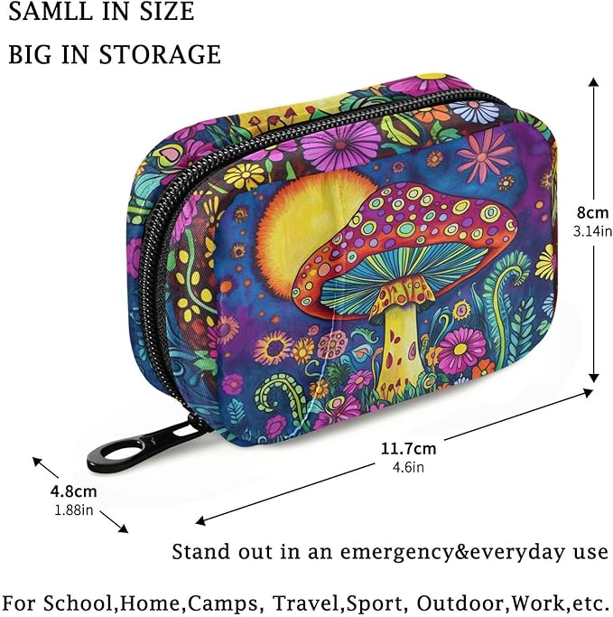 Fustylead 60s Hippie Colorful Art Mushroom Travel Pill Organizer Case Zipper for Purse with Removable Weekly Pill Box for Medicine, Vitamin, Supplement Medicine Organizer