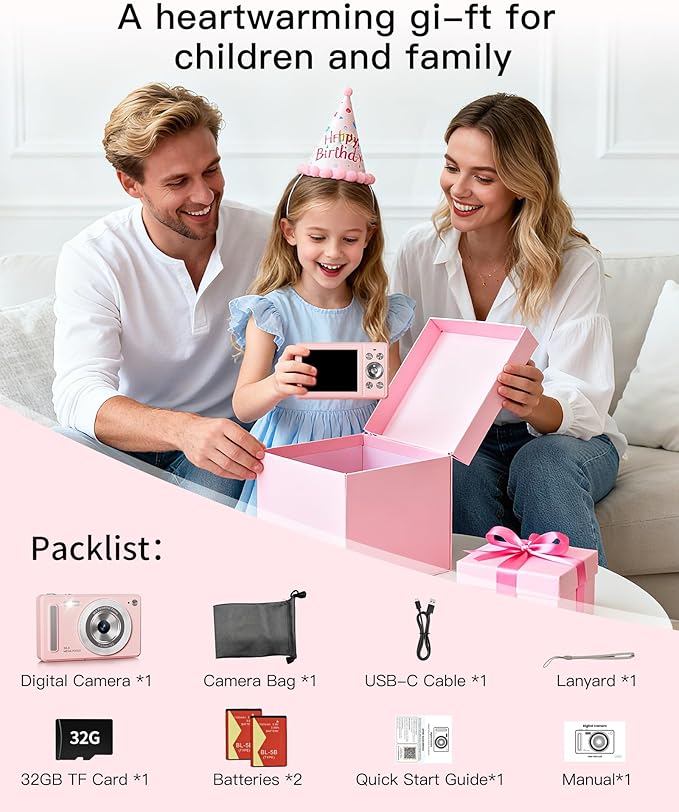 Digital Camera, FHD 1080P Point and Shoot Camera with 32GB SD Card, 2 Batteries, 16X Zoom, Anti Shake, Compact Small Design for Kids Teens Students Girls Boys (White)
