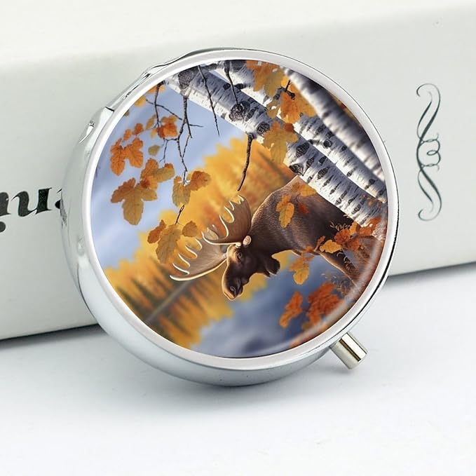 Fall Birch Leaves Elk Pill Box 3 Compartment Small Pill Case Portable Pill Box for Pocket Or Purse Round Metal Pill Box Cute Medicine Organizer Holder to Hold Vitamins Medication