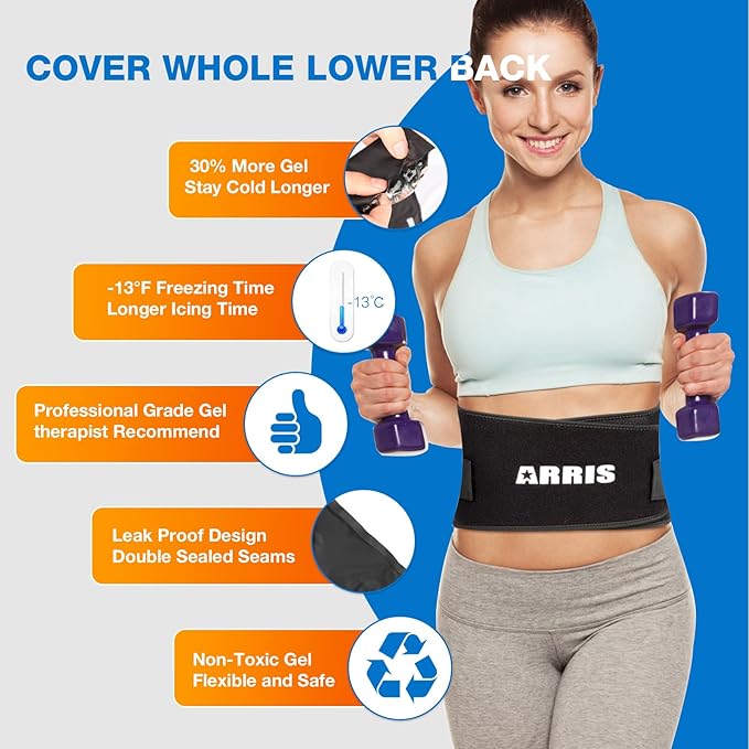 Gel Ice Pack for Back, ARRIS Back Ice Wrap with Support Belt for Pain Relief, Flexible Hot Cold Therapy Back Brace for Waist, Lower Lumbar, Injuries, Sciatic Nerve…