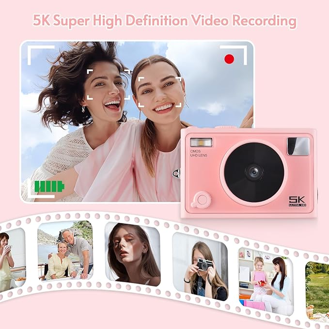 Andoer 5K Digital Camera WiFi Pink Compact Camera 72MP Dual Lens 2.8 Inch IPS Screen Auto Focus 18X Digital Zoom LED Flash Color Filters Birthday Festival Gift for Students Teenagers Friends