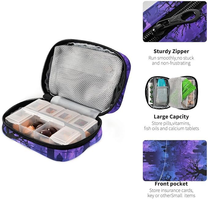 Halloween Graveyard Trees Purple Travel Pill Organizer Case Box Container Weekly Portable Vitamin Medicine Holder Storage Bag with Zipper Removable