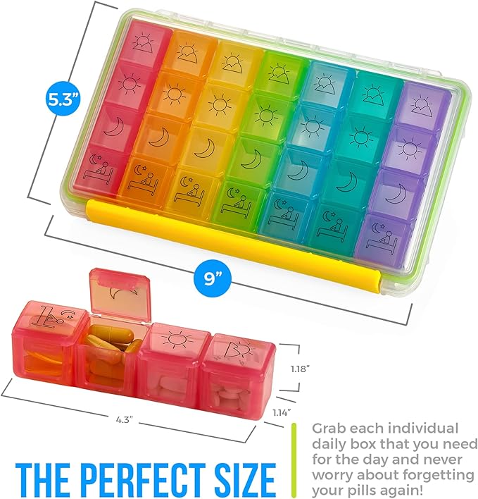 Weekly Pill Organizer - Portable 4 Times-A-Day - Water Moisture-Proof AM/PM Pill Case, Colorful 7 Day Medicine Holder Pill Box with Labels for Prescriptions, Medications, Vitamins, and Supplements