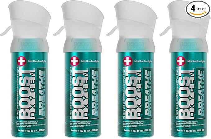 Boost Oxygen Pocket Size Breathe Menthol-Eucalyptus Aroma 3L Canister | Respiratory Support for Altitude, Performance & Health (4 Pack)