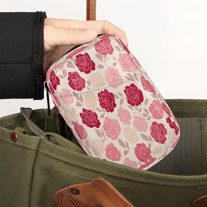 Weekly Travel Pill Organizer Case for Purse with Removable 7 Day Box Portable Compact Size Pill Box Fashionable Pill Container for Medicine Vitamin Supplement Rose Pink Flower