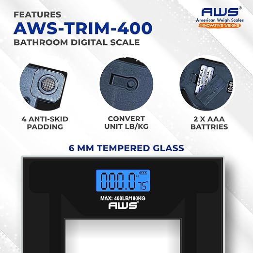 AWS Digital Bathroom Scale 400 lb Capacity | Clear Tempered Glass Body Weight Scale with Large Display | Low-Profile Modern Design, High Accuracy & Step-On Technology