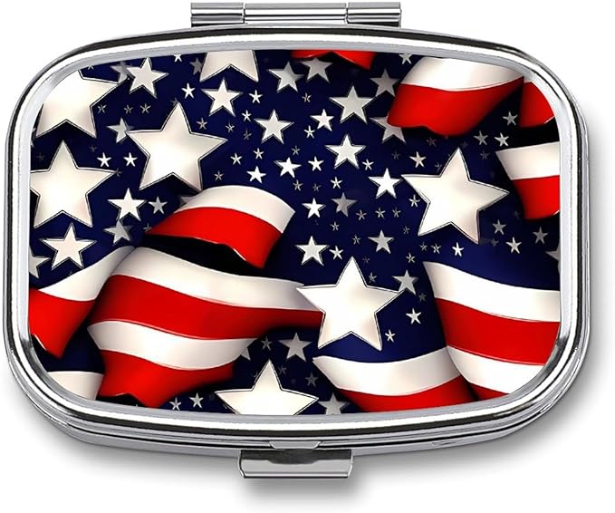 American Flag Stars Stripes Pill Box for Women Men Pocket Square Pill Case Decorative Box Medicine Vitamin Metal Pill Organizer Portable Pill Holder for Travel Unique Gift