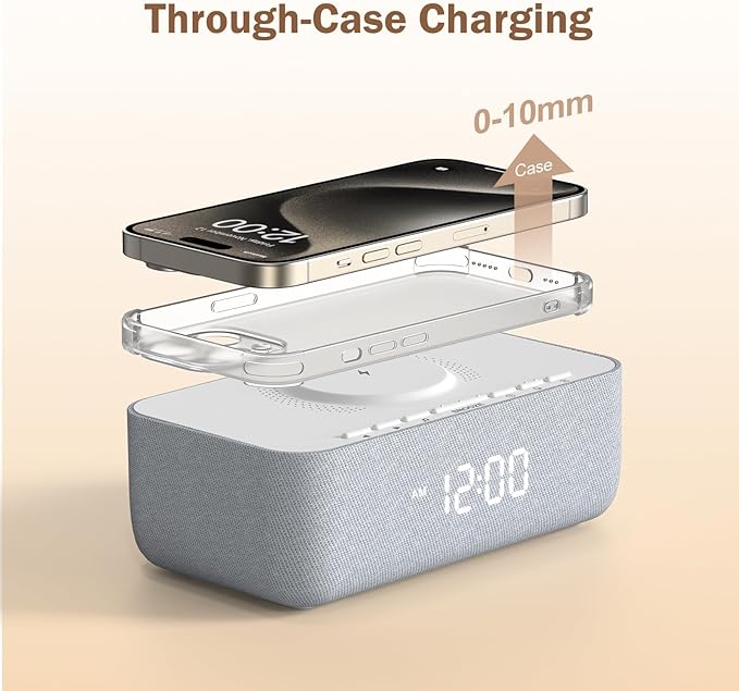REACHER 15W Fast Wireless Charging Alarm Clock with White Noise Machine │ 20 High-Fidelity Sleep Sounds │ Gradual Wake & Unlimited Snooze │ 0–100% Dimmable Digital Clock for Bedroom & Office