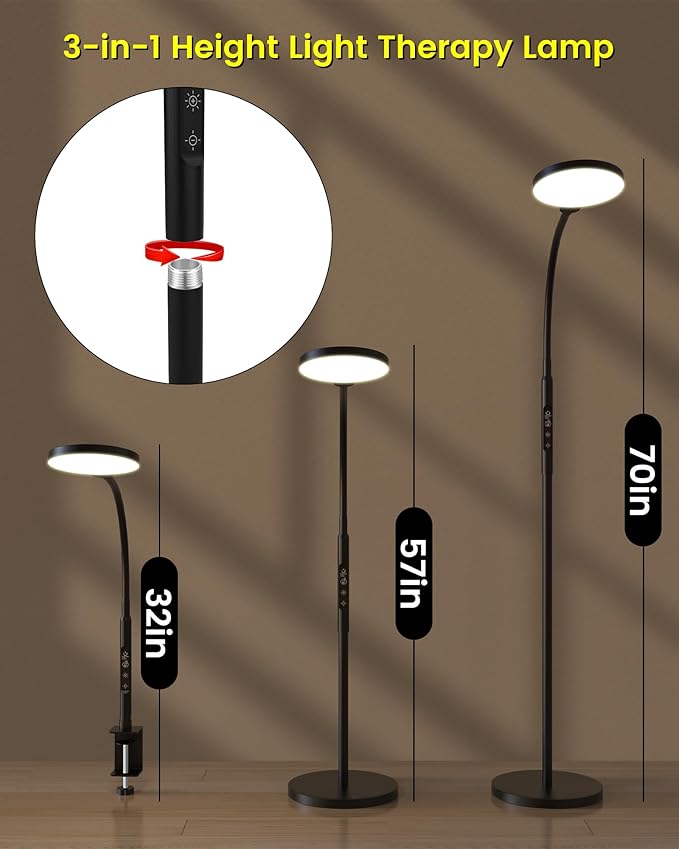 Light Therapy Lamp 11000 Lux, Full Spectrum LED UV-Free Sunlight Lamp with 10 Adjustable Brightness & 5 Color Temperatures, 3 in 1 Light Therapy Floor Lamp for Home Office, Black