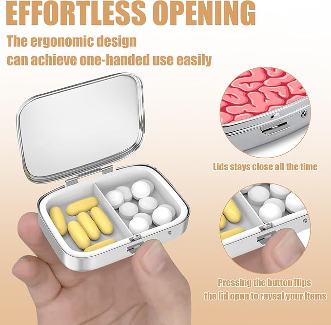 Pill Box-2 Compartment Small Pill Case Square Organizer Case with Mirror Portable Metal Medicine Box Travel Container for Pocket & Purse Women Men（Human Brains）