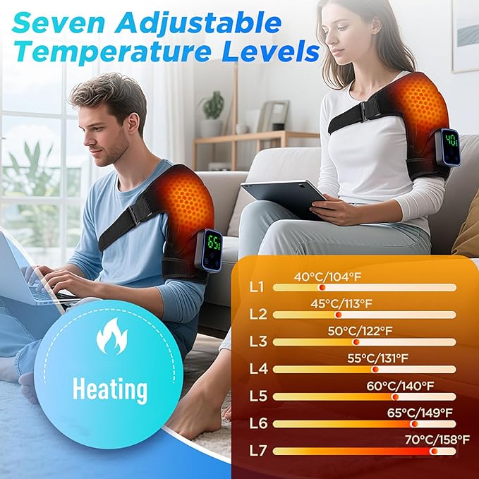 Cordless Heated Shoulder Brace with App Control - 7 Heat & 3 Vibration - Massage Wrap for Rotator Cuff & Frozen Shoulder Relief - Portable Electric Heating Pad for Recovery - Left & Right Shoulder