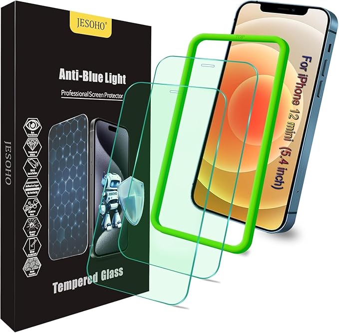 Screen Protector for iPhone 12 Mini (5.4"),Eye Protection, HD Anti Blue Light Blocking Tempered Glass Film, No Bubble,Case Friendly, with Easy Installation Kit, 2 Pack