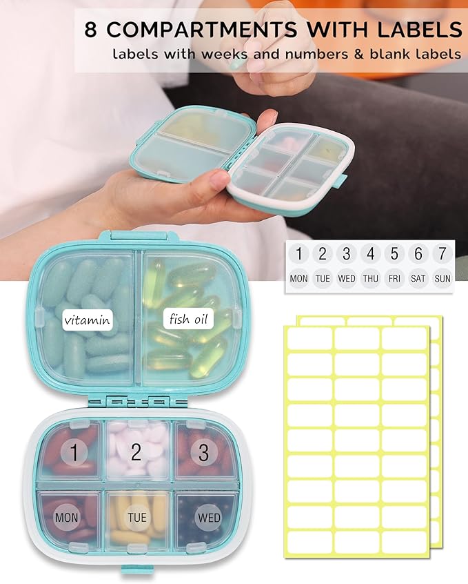 MEACOLIA 3 Pack 8 Compartments Travel Pill Organizer, Daily Pill Case Small Pill Box for Pocket Purse, Portable Pill Container Medicine Vitamin Organizer (Blue, Green, Khaki)