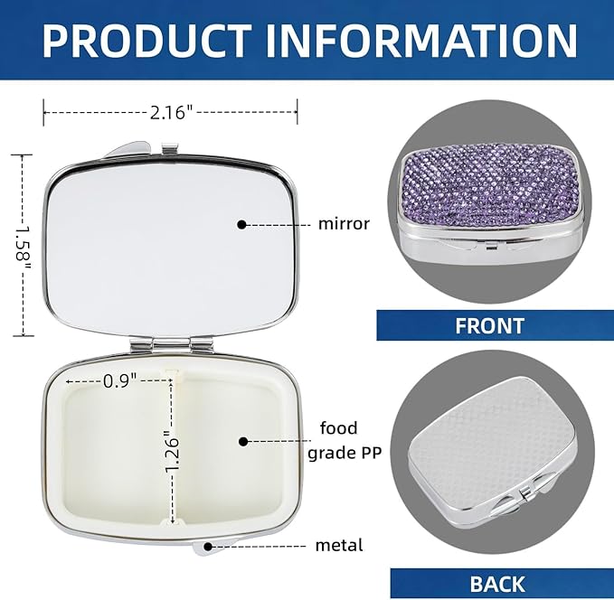 Pill Case for Purse Small Pill Box Holder Metal Compact Pill Organizer Travel Portable Pill Container Pocket Pill Holder for Vitamin Medicine(Purple)