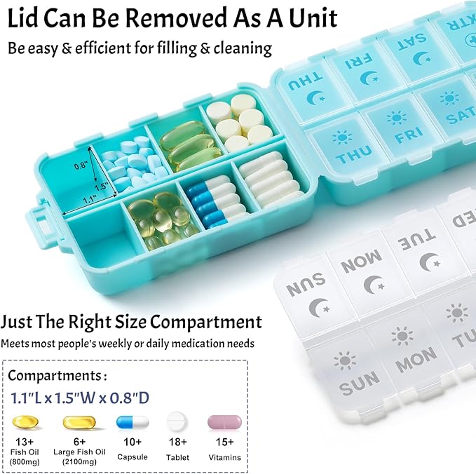 Foldable Weekly Pill Organizer 2 Times a Day with 2 Extra Compartments - Etched Labels - Portable 7 Day AM PM Medicine Box, Week Daily Travel Pill Case Holder for Vitamin, Supplement -Sky Blue