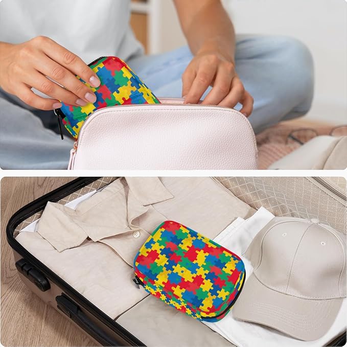 Color Autism Puzzle Pill Case Everyday Travel, 7 Day Weekly Medicine Pill Box Compact Portable Pills Bottle Organizer with Zipper for Daily Vitamin Medicine Holder Bottle Organizers Bag