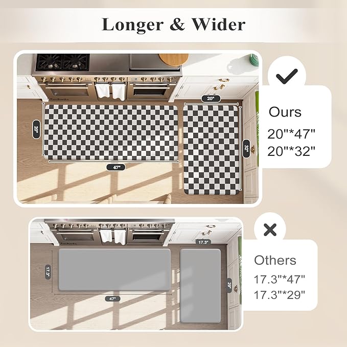 KIMODE Anti Fatigue Kitchen Mats for Floor, Black and White Plaid Kitchen Rugs Sets of 2, Cushioned Kitchen Floor Mats, Non Slip Standing Desk Mat for Sink Laundry Office Desk 20"x47"+20"x32"