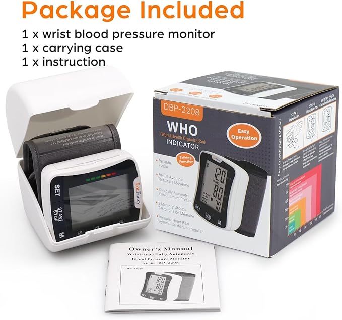LotFancy Wrist Blood Pressure Monitor for Home Use with Voice Broadcast, Blood Pressure Machine Adjustable Wrist Cuff 5.3"-8.5", Automatic BP Cuff 120 Readings 2 User, Large LCD Display, Carrying Case