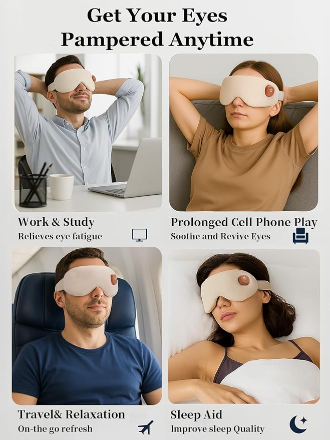 Heated Eye Mask, Cordless Warm Eye Compress for Dry Eyes, Birthday Christmas Gifts for Women Men, Washable Eye Heating Pad for Travel, Eye Relief, Improved Sleep (Khaki)