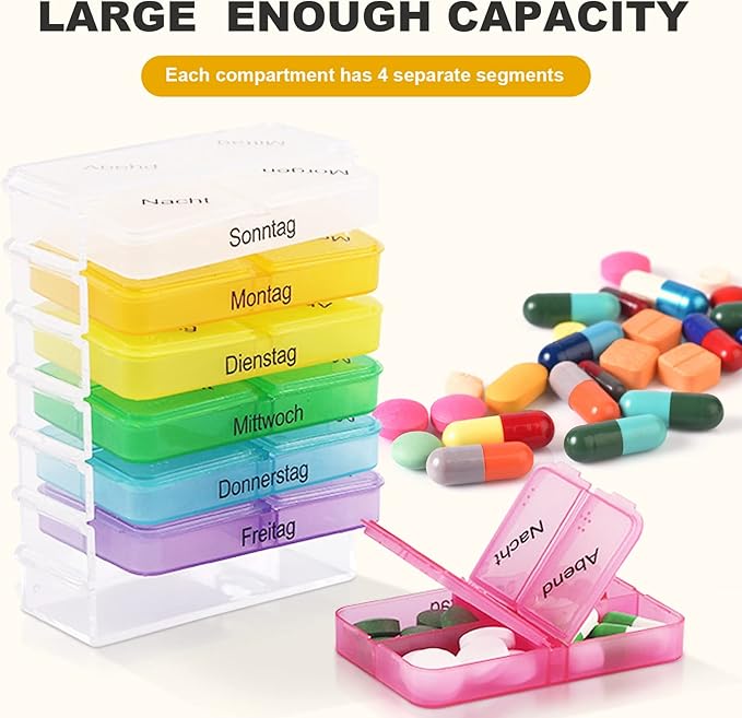 Pill Box,Weekly Pill Organizer, Medicine Organizer, 7 Days Weekly Dispenser Am Pm Storage Pill Container Tablet Sorter Daily Pill Case to Hold Medication, Vitamins, Fish Oil and Supplements, Week