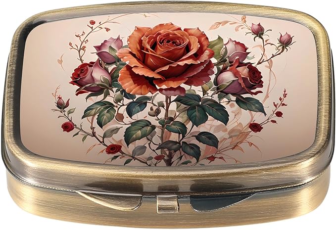 Dynippy Pill Case Pill Box with Mirror Retro Pocket 2 Compartment Medicine Case Vitamin Pill Organizer for Pocket Purse and Travel (Flower 21)