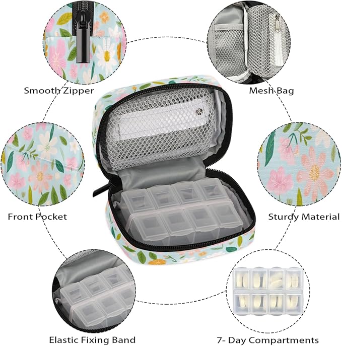 Beautiful Flowers Spring Pill Case Travel Pill Organizer Weekly 7 Day Portable with Zipper Medicine Box Pill Case for Vitamins, Birth Control,Fish Oils,Medication, Supplements