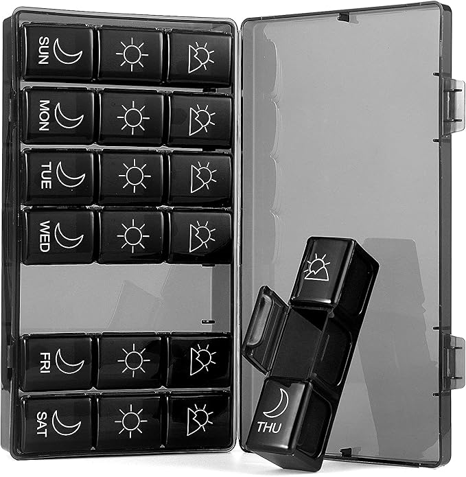 Weekly Pill Organizer 7 Day 3 Times, Portable Pill Organizer, BPA Free Pill Case, Travel Daily Pill Box Reminder, Medication Organizer for Vitamins, Supplements (Black1)