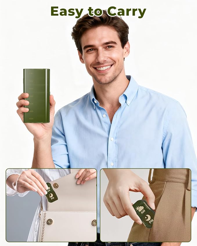 Weekly Pill Organizer 2 Times a Day, 7 Day AM/PM Pill Box, Portable Medication Dispenser with Child-Resistant Latch, BPA-Free, Travel, Office, Pets, Emergency Use (Green)