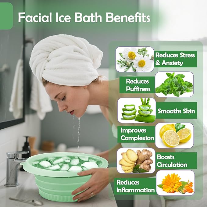 XANGNIER Face Bowl for Ice with Built-In Ice Tray – Collapsible Silicone Facial Ice Bath Bowl for Cold Plunge Therapy, Skin Tightening & Acne Relief – Green Portable Spa Tool for Home & Travel