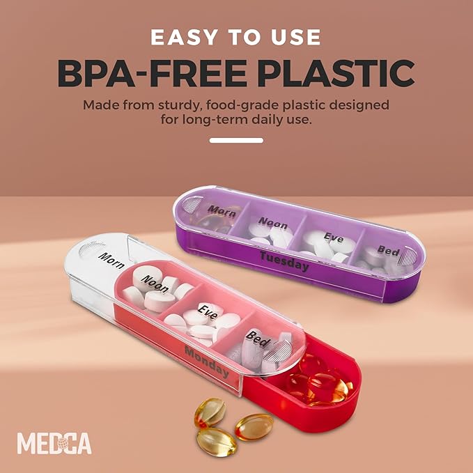 MEDca Weekly Pill Organizer, Four Times-a-Day, Pack of 2 Dispensers with Stackable AM/PM Compartments