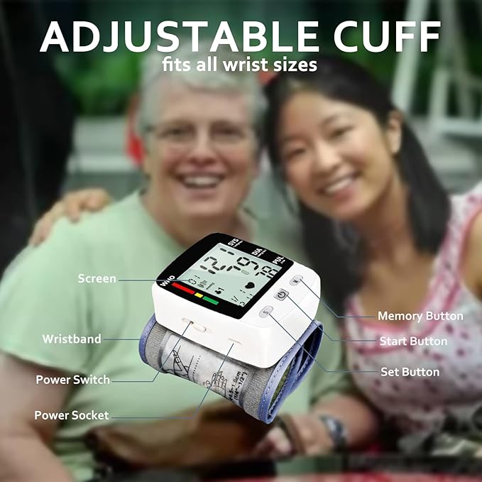 Blood Pressure Monitor, Irregular Heartbeat Detector, Automatic BP Monitor 90x2 Reading Memory and Large LCD Display, USB Charging, Adjustable Wrist Cuff, Ideal for Home and Hospital