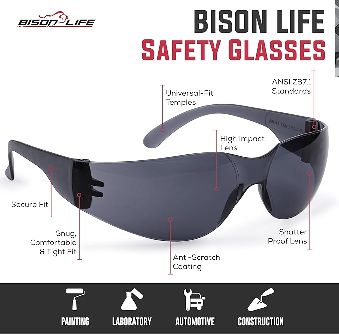 BISON LIFE Safety Glasses - Scratch Resistant Wrap Around Eyewear, Polycarbonate ANSI Z87.1 Impact Resistant Lens