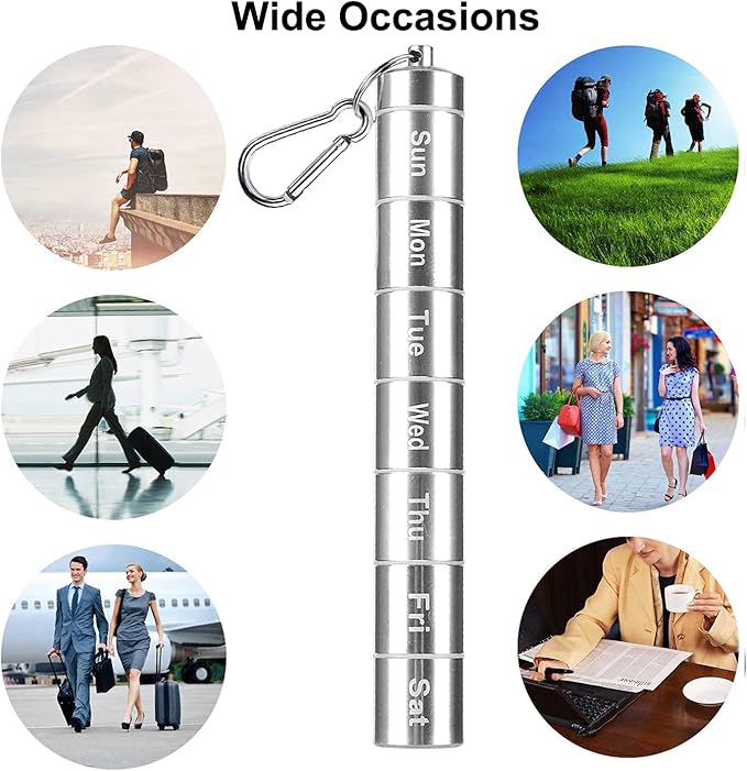 2 Pack Weekly Pill Box, 7 Day Pill Case, BravOne 7 Compartments Aluminum Alloy Portable Pill Holder Waterproof Medicine Organizer Mini Metal Pill Container with Keychain & Carabiner for Travel Camping