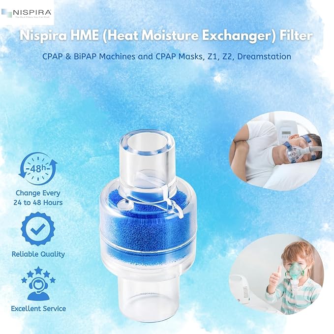 24 Pcs Nispira HME Heat Moisture Exchanger Filter in-Line Humidification Solution Unit for CPAP biPAP Machine & Mask, Z1, Z2, Dreamstation