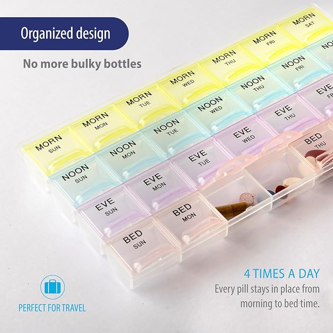 Deke Home - Pill Organizer 4 Times a Day (2 Pack), Weekly Medicine Box with Morning, Noon, Evening, Bed Compartments, Translucent, Easy-to-Open Pill Case, 7-Day Travel Medication Organizer for Vitamin