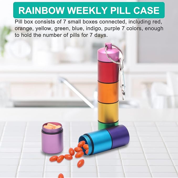 Small Portable Pill Case Keychain for Travel, AngleKai 2 Pack Pill Organizer Box, Waterproof Tablet Container Weekly Medicine Bottle Organizer (Rainbow)