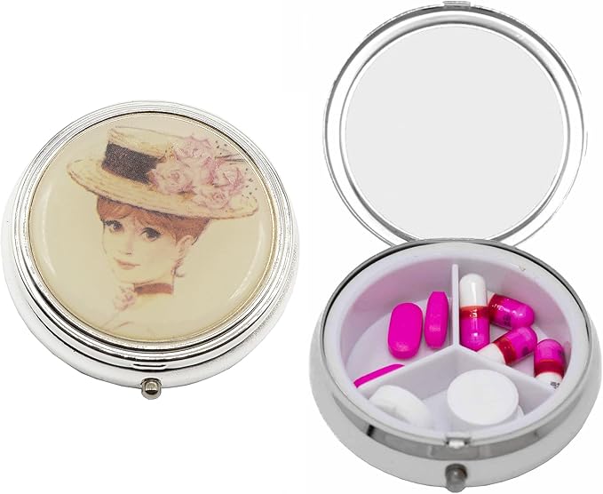 Set of 2 Circular Triple-Compartment Pocket Purse Pill Box & Organizer with Insert (Victorian Floral Hat)