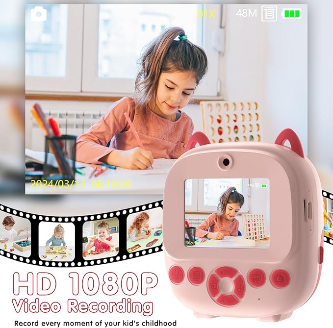 Kids Camera Instant Print, Multifunctional Toddler Camera with Photo Printing Instantly, 2.4 Inch HD Screen Digital Camera for Kids,Christmas Birthday Gifts for 3-12 Year Old Girls(Pink)