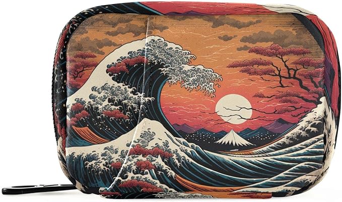 Vnurnrn Pill Case Vintage Japan Wave Print, Pill Box 7 Days Travel Pill Organizer Bag with Zipper, Portable Weekly Case Vitamin Supplement Holder for Travel Daily Use