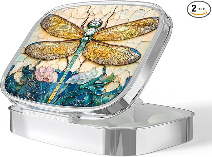 Pill Box-2 Compartment Small Pill Case Portable for Pocket & Purse Single Pill Carrier Pill Container to Hold Vitamins Medication Fish Oil and Supplements BPA-Free(Dragonfly)